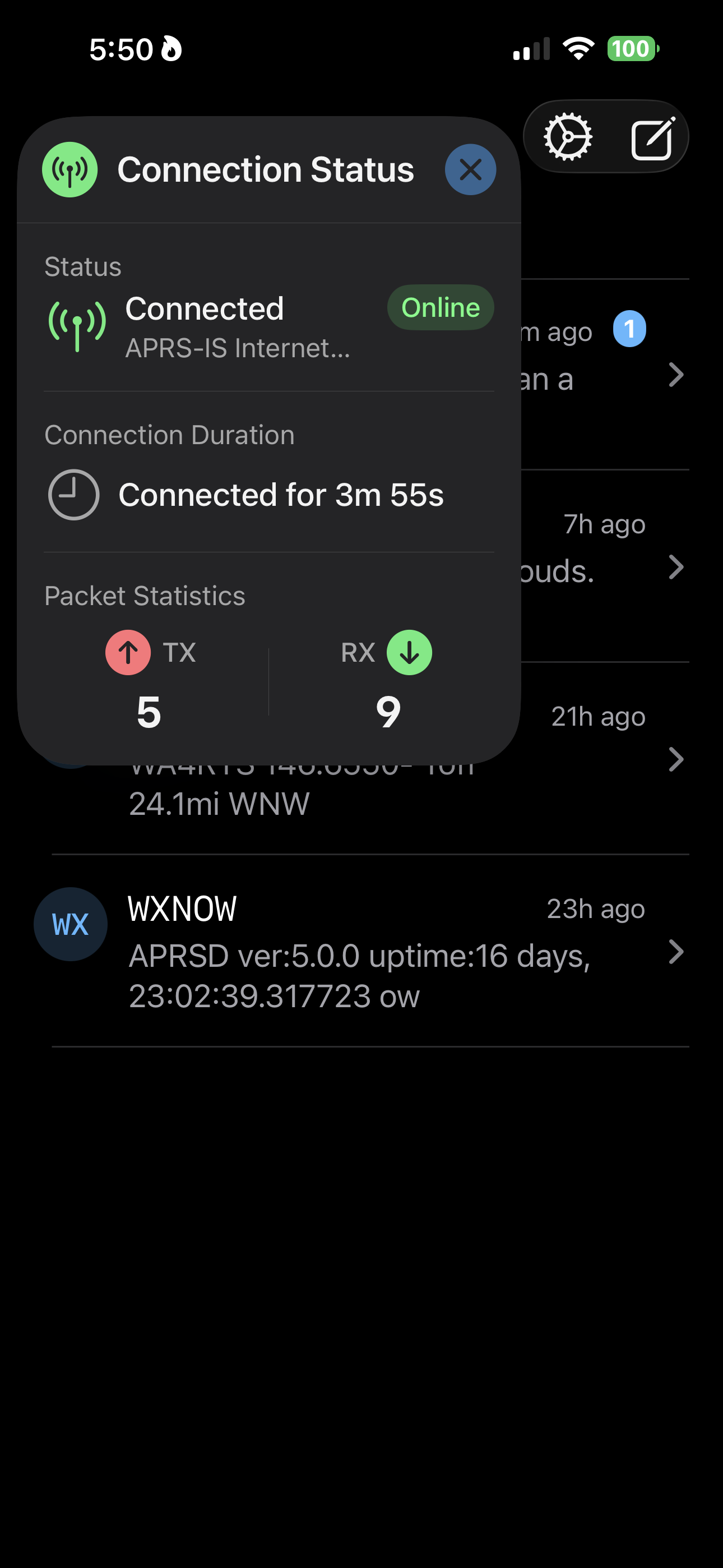 APRS Chat network status screen showing connection details and packet statistics